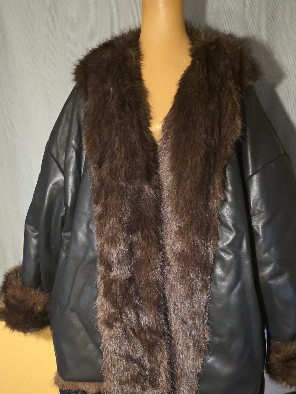 AKIRA Black Faux Leather Jacket with Brown Fur Trim